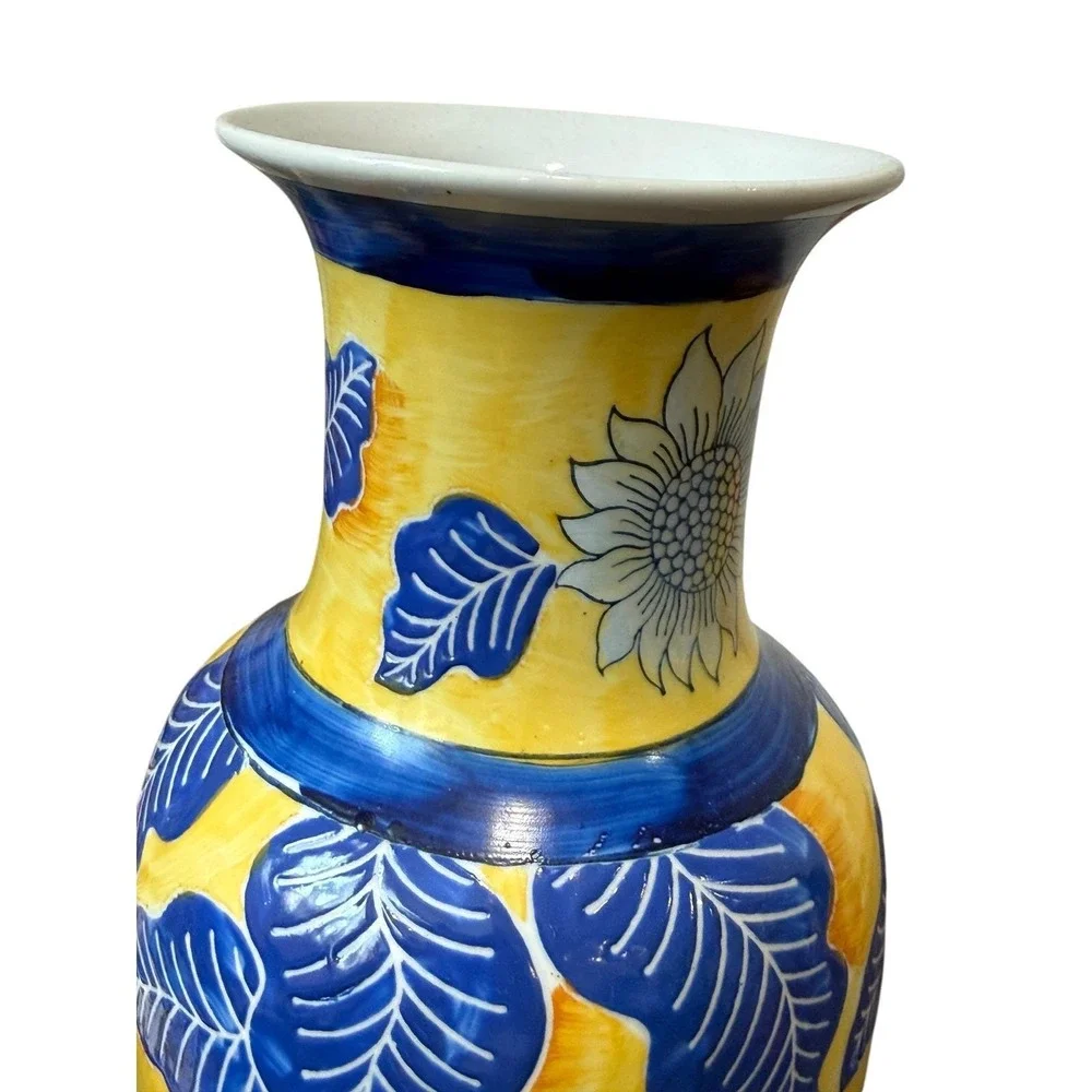 Vintage Chinoiserie Vase‎ Yellow Blue Floral Asian Ceramic Grandmillennial Decor